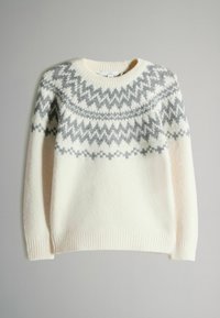 Maglione bianco in maglia con scollatura rotonda, maniche lunghe e un motivo geometrico grigio lungo il giromanica e i polsini. Tessuto morbido e testurizzato.