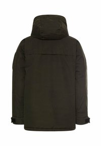 Dunkelgrüne, isolierte Jacke mit Kapuze, gerade geschnitten, mit langen Ärmeln und verstellbaren Bündchen. Der Rücken hat ein schlichtes Design ohne Verzierungen.