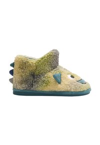 Zapatilla borrosa verde y amarilla con suela azul, que presenta una cara, orejas y picos. Fabricada con un material suave y texturizado.