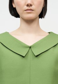 Νεαρός με κοντά σκούρα μαλλιά που φοράει πράσινο ένδυμα με φαρδιά, μυτερή γιακά πάνω σε απλό φόντο.