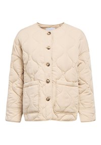 Μπεζ καπιτονέ μπουφάν με σχέδιο κυμάτων, στρογγυλή λαιμόκοψη, κουμπιά στο μπροστινό μέρος, δύο μεγάλες μπροστινές τσέπες και μακριά μανίκια.