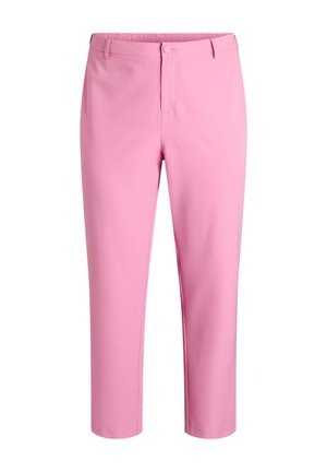 Růžové kalhoty vyrobené z hladké látky, s předním zipem, poutky na opasek a elastickým pasem. Krátká délka s rovnými nohavicemi.