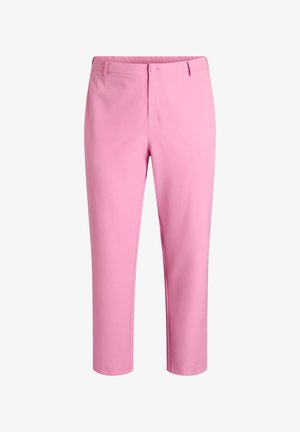Pantaloni rosa realizzati in tessuto morbido, con chiusura a zip frontale, passanti per cintura e vita elastica. Lunghezza sopra la caviglia con gambe dritte.