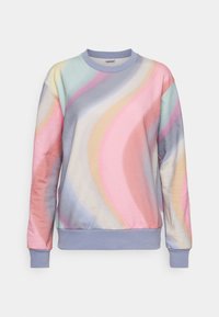Sudadera multicolor con un patrón ondulado en tonos pastel de rosa, azul y amarillo. Tejido suave, escote redondo y puños acanalados.