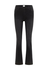 Čierne rozšírené džínsy vyrobené z denimu s priliehavým pásom, piatimi vreckami, zapínaním na prednom tlačidle a miernym zosvetlením na nohách.