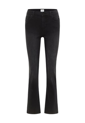 Fekete, farmerből készült, bő szárú farmernadrág, állítható derékkal, öt zsebbel, elöl gombos záródással és enyhe kopással a lábakon.