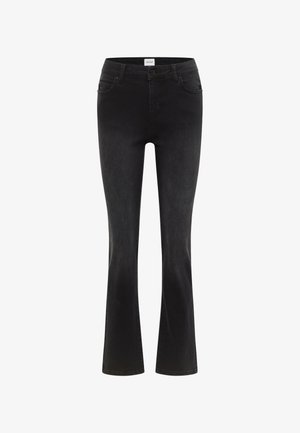 Fekete, farmerből készült, bő szárú farmernadrág, állítható derékkal, öt zsebbel, elöl gombos záródással és enyhe kopással a lábakon.