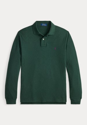 Long-sleeve dark green polo shirt made of cotton, featuring a two-button collar, ribbed cuffs, and a small purple logo on the left chest.