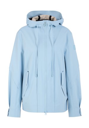 Light blue waterproof jacket with hood, front zipper, adjustable drawstrings, and two angled flap pockets.
