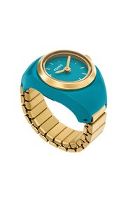 Montre turquoise avec un bracelet en métal doré. Elle présente un cadran rond, des index horaires dorés et une lunette lisse ressemblant à du silicone.