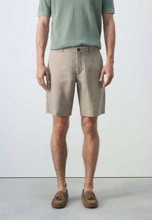Hombre con pantalones cortos beige hasta la rodilla, camiseta de punto de manga corta verde claro y mocasines marrones con borlas, de pie frente a un fondo liso.
