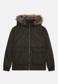 Mörkgrön jacka med huva av fuskpäls, dragkedja fram, två stora fickor och elastiska muddar. Slätt tyg och minimalistiska designelement.