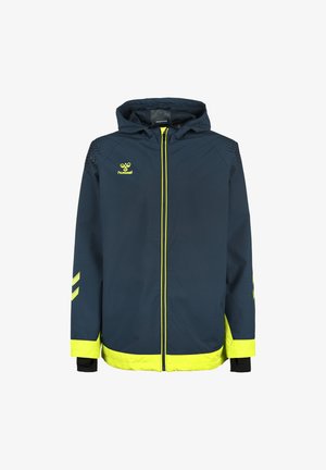 Mørkeblå vindjakke med hætte, der har gule lynlåse og detaljer, mesh tekstur og sidelister, lavet af letvægtsmateriale.