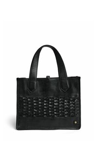Borsa a spalla nera in pelle con texture intrecciata sulla parte inferiore, manici piatti e chiusura con zip. Presenta un piccolo logo circolare sul lato.
