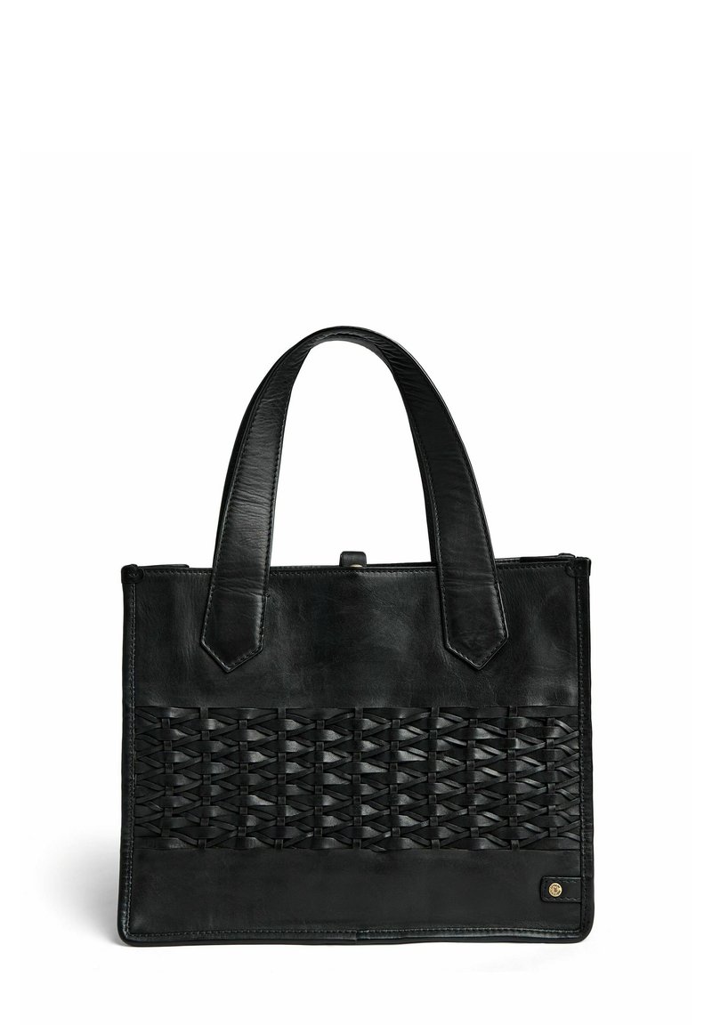 Borsa a spalla nera in pelle con texture intrecciata sulla parte inferiore, manici piatti e chiusura con zip. Presenta un piccolo logo circolare sul lato.