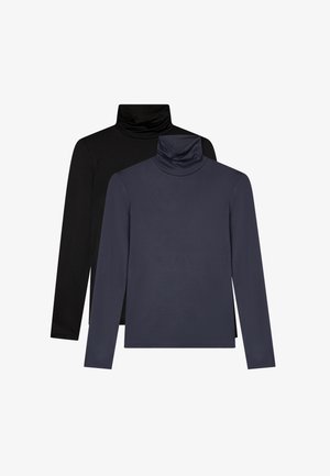 Dwie koszule z golfem z długim rękawem, jedna czarna z tyłu i jedna ciemnoszara z przodu, ułożone płasko na białym tle.