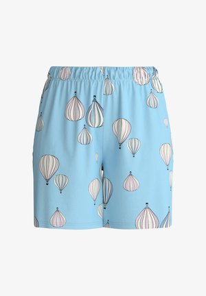 Lichtblauwe shorts met een ballonnenpatroon in diverse kleuren, voorzien van een elastische tailleband en een soepele textuur.