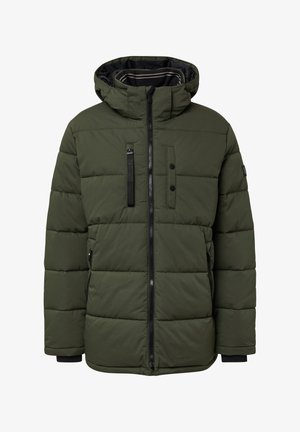 Donkergroene gewatteerde winterjas met capuchon, voorkant met rits, twee ritszakken aan de zijkant en één ritszak op de borst met knoopdetails.