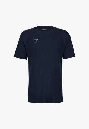 Marinblå kortärmad T-shirt gjord av mjukt tyg, med rund halsringning och raglanärmar. Inkluderar en liten vit logotyp på bröstet.