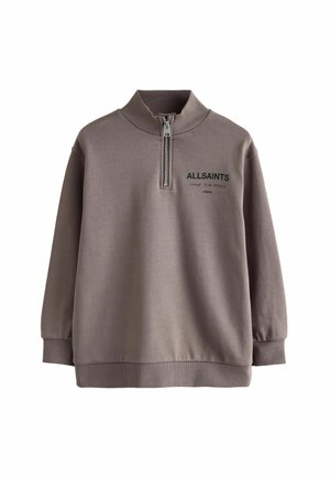 Szary sweter z wysokim kołnierzem, pół-zamkiem, ściągaczami przy rękawach i dolnej części. Na piersi znajduje się czarny nadruk z logo "ALLSAINTS". Gładka tekstura.
