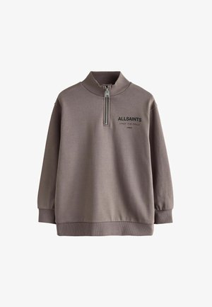 Grå sweatshirt med høj krave, halv-lynlås, ribbede manchetter og kant. Har "ALLSAINTS" logoet trykt i sort på brystet. Glat tekstur.