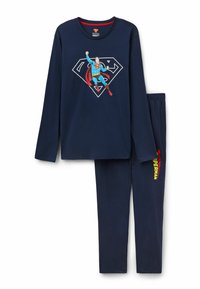 Námořnické modré pyžamo s dlouhým rukávem, na tričku s grafikou Supermana a na kalhotách s nápisem "Superman" v žluté barvě. Měkká tkanina, elastický pas.