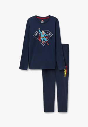 Dunkelblaues Langarm-Pyjama-Set mit einem Superman-Graphic auf dem Shirt und "Superman"-Schriftzug in Gelb auf der Hose. Weicher Stoff, elastischer Bund.