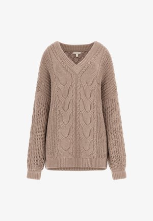 Bežový pletený sveter s výstrihom do V, vzorom vrkočov, širokými rukávmi a rebrovanými manžetami a lemom. Vhodný na bežné nosenie.