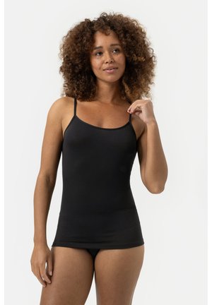 Zwarte camisole met dunne verstelbare bandjes, gemaakt van een gladde stof, met een aansluitend ontwerp dat tot op de heup reikt.