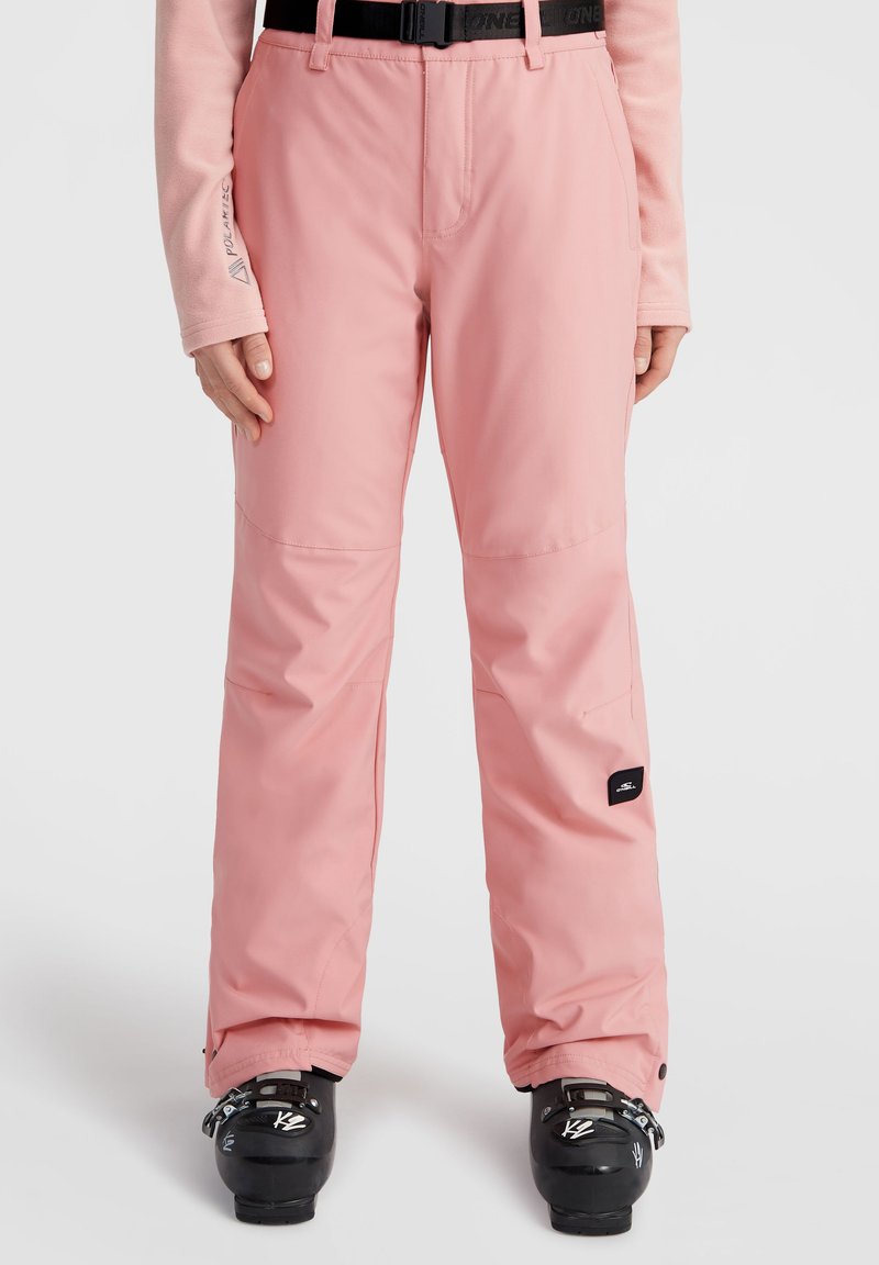 Pink ski pants made of waterproof material, featuring a straight leg design, adjustable waistband, and a small logo patch on the left thigh.