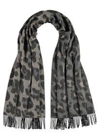 Siva šal s uzorkom leopard tiska u tamno sivoj i bež boji. Ima resaste rubove i mekanu teksturu.