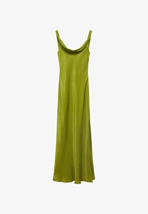 Green satin long dress with a draped neckline and thin straps, featuring a sleek, fitted design that flares at the hem.