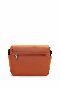 Orange messenger bag with a flap, front zip pocket, and side accents. Made of durable material with a smooth texture. Compact design.