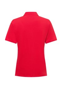 Rode polo met korte mouwen en een klassieke kraag, gemaakt van gladde stof, met een effen kleur en een eenvoudig, strak ontwerp.