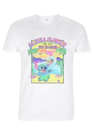 Hvid bomulds T-shirt med et farverigt grafisk print af en karakter med solbriller, samt tropiske elementer og teksten "Aloha Hawaii."
