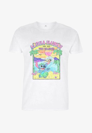 T-shirt bianco in cotone con una grafica colorata che rappresenta un personaggio con occhiali da sole, elementi tropicali e la scritta "Aloha Hawaii."