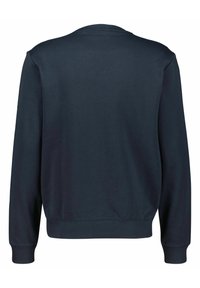 Sudadera de color azul marino con cuello redondo, mangas largas, puños y bajo acanalados, hecha de un material textil suave, con una textura lisa.