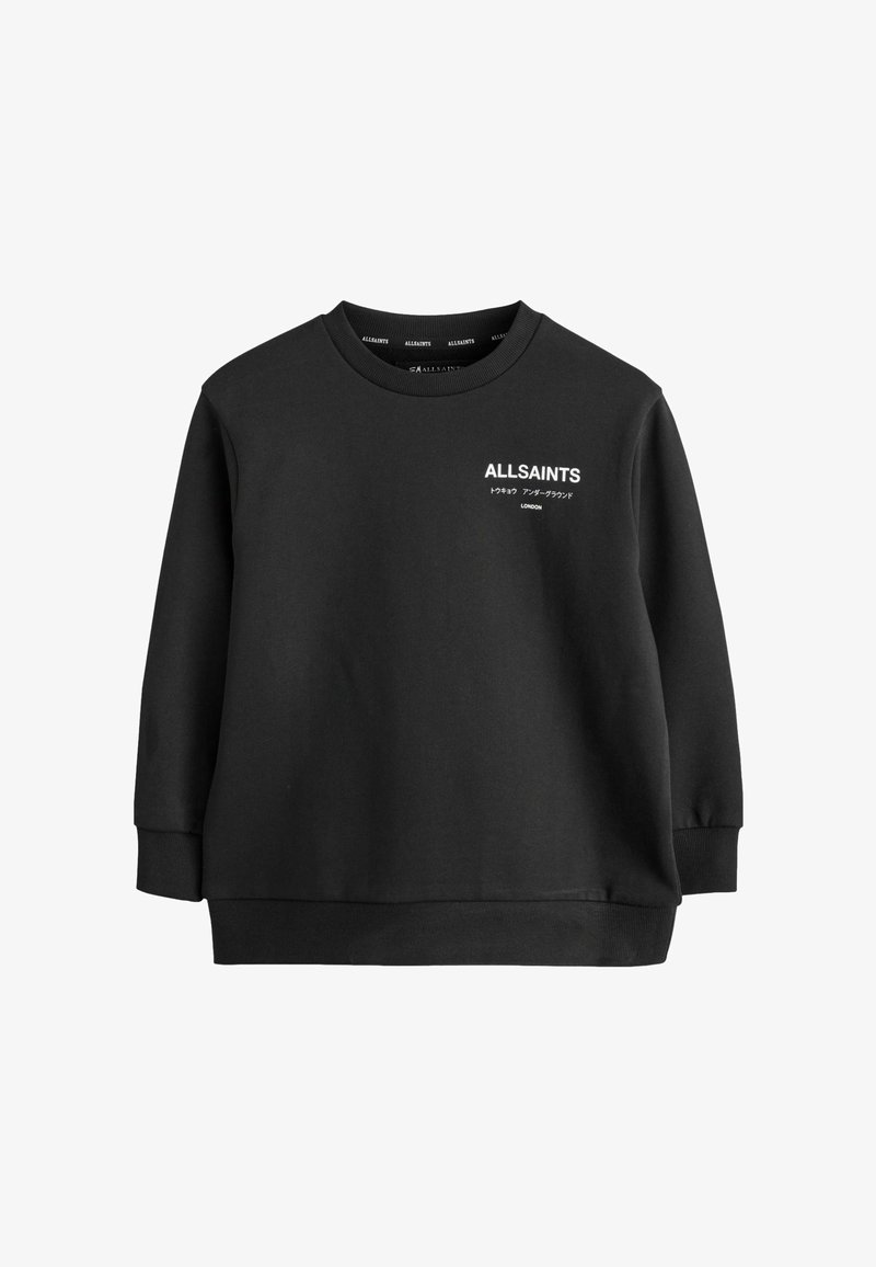 Felpa nera in misto cotone, con colletto a girocollo, maniche lunghe, polsini a costine e un logo bianco sulla parte anteriore. Texture liscia.