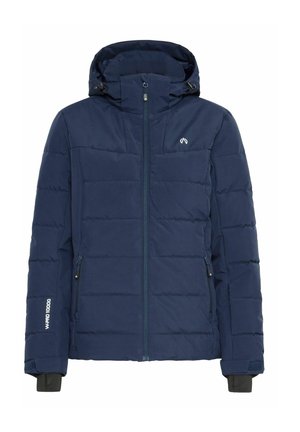 Navy insulated jacket with a zip front, adjustable hood, and side pockets. Features quilted design and branding on the sleeve.