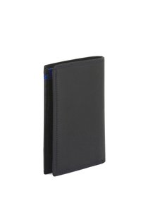 Black leather wallet with a smooth texture, slim design, and blue stitching detail. Features multiple card slots and a folded configuration.