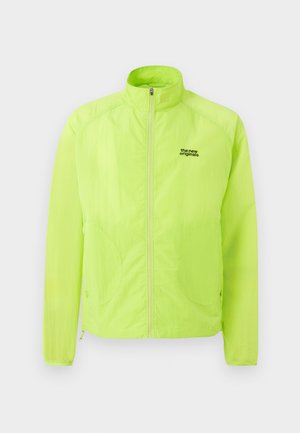 Neon green lightweight jacket with a zip front, high collar, and two side pockets. Features a small black logo on the left chest.