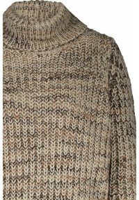 Chunky knit turtleneck sweater in beige, brown, and cream tones with thick ribbed collar and textured vertical knit pattern.