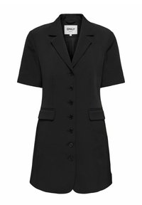 Crna haljina s kratkim rukavima i sako krojem, s rebrastim reverima, zatvaranjem na šest dugmadi i dva prednja džepa. Glatka tkanina s krojem koji ističe figuru.