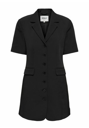 Czarna sukienka blazerowa z krótkim rękawem, z wyłogami, sześcioma guzikami na zatrzaski i dwiema przednimi kieszeniami. Gładki materiał o dopasowanym kroju.