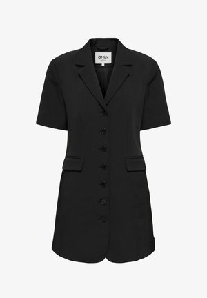 Czarna sukienka blazerowa z krótkim rękawem, z wyłogami, sześcioma guzikami na zatrzaski i dwiema przednimi kieszeniami. Gładki materiał o dopasowanym kroju.