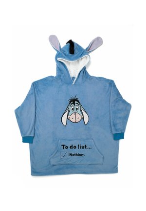 Blue fleece oversized hoodie featuring Eeyore's face, large hood, long sleeves, and front pocket with "To do list... Nothing." printed.