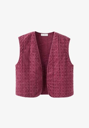 Pufasti prsluk u bordo boji, s otvorenim prednjim dijelom, bez rukava, s detaljnim cvjetnim uzorcima. Mekana tekstura s vertikalnim šavovima.