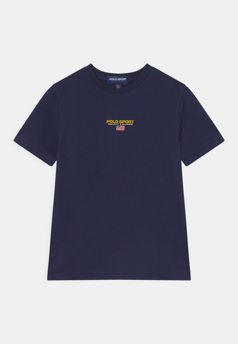 Navyblaue Baumwoll-T-Shirt mit einem kleinen gelb-weißen "POLO SPORT"-Logo und einem Akzent der amerikanischen Flagge auf der Vorderseite. Kurzärmlig, Rundhalsausschnitt.