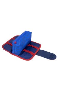 Blue and red pencil case with geometric patterns, made of fabric. Features a zip closure and elastic loops for securing items, rectangular shape.