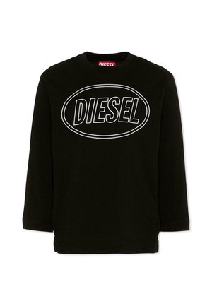 Maglia nera a maniche lunghe con ovale bianco delineato e testo "DIESEL" stampato in lettere maiuscole grassetto sul petto.